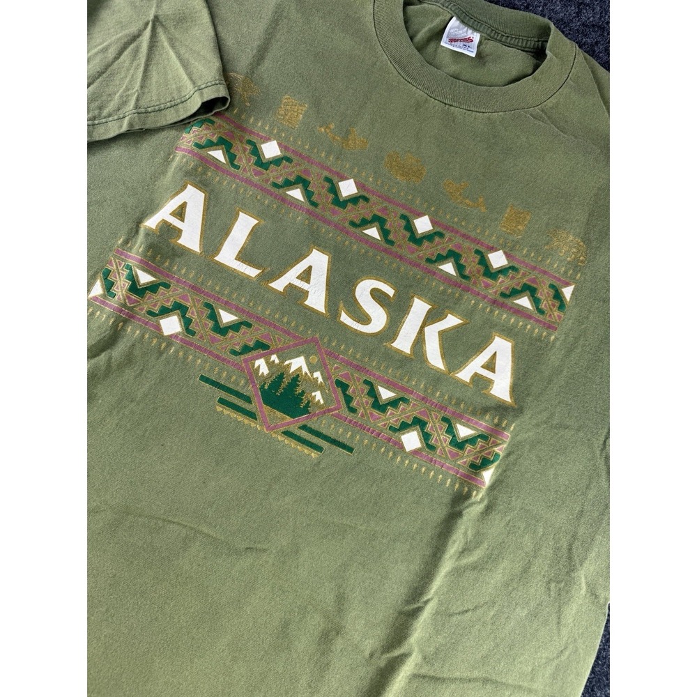 VTG Alaska T Shirt Jerzees USA Single Stitch Graphic Green Tourist Size XL 90s